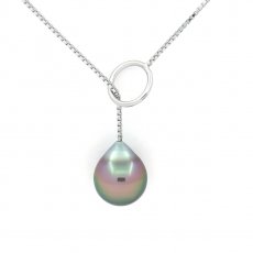 Rhodiated Sterling Silver Necklace and 1 Tahitian Pearl Semi-Baroque A/B 9.5 mm