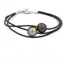 Pulsera de Cuero y 2 Perlas de Tahiti Semi-Barrocas C de 11.6 a 11.8 mm