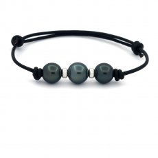 Pulsera de Cuero y 3 Perlas de Tahiti Rodonda D de 9.3 a 9.9 mm