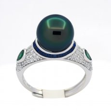 Rhodiated Sterling Silver Ring and 1 Tahitian Pearl Round C+ 10 mm