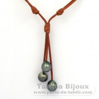 Collar de Cuero y 3 Perlas de Tahiti Semi-Barrocas C de 10 a 10.4 mm