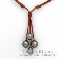 Collar de Cuero y 4 Perlas de Tahiti Semi-Barrocas B/C de 9.7 a 10.1 mm