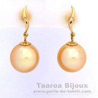 Aretes de Oro 18Kl + 2 diamantes de 0.01 quilates HS1 y 2 Perlas de Australia Semi-Redondas B 11 mm
