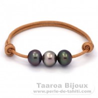 Pulsera de Cuero y 3 Perlas de Tahiti Semi-Barrocas B de 11 a 11.3 mm