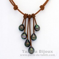 Collar de Cuero y 6 Perlas de Tahiti Anilladas C de 9.3 a 10 mm