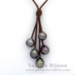 Collar de Cuero y 5 Perlas de Tahiti Semi-Barrocas B/C  10 a 10.3 mm