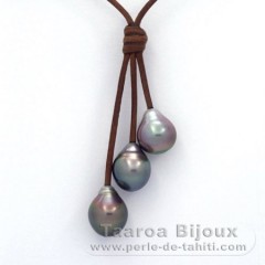Collar de Cuero y 3 Perlas de Tahiti Semi-Barrocas B  10.1 a 10.3 mm