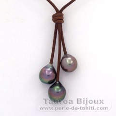 Collar de Cuero y 3 Perlas de Tahiti Semi-Barrocas B  9.7 a 10.2 mm