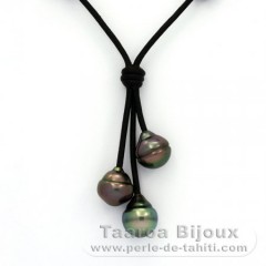 Collar de Cuero y 3 Perlas de Tahiti Anilladas B 10.1 a 10.3 mm