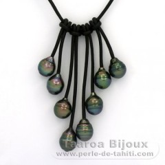 Collar de Cuero y 8 Perlas de Tahiti Anilladas B  9 a 9.2 mm
