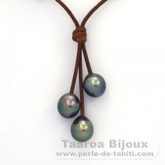 Collar de Cuero y 3 Perlas de Tahiti Semi-Barrocas C  9.7 a 9.8 mm