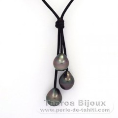Collar de Cuero y 3 Perlas de Tahiti Semi-Barrocas B  10 a 10.2 mm