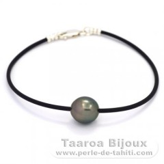 Pulsera de Goma, Plata y 1 Perla de Tahiti Semi-Barroca C 10.8 mm