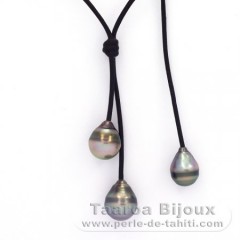 Collar de Cuero y 3 Perlas de Tahiti Anilladas C 9 a 10.4 mm
