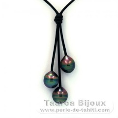 Collar de Cuero y 3 Perlas de Tahiti Anilladas C+  9.9 a 10.3 mm