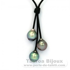 Collar de Cuero y 3 Perlas de Tahiti Anilladas B  9.5 a 9.8 mm