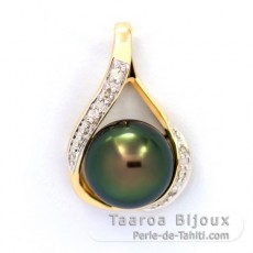 Colgante de Oro 14k + 6 diamantes 0.04 Quilates VS1 y 1 Perla de Tahiti Redonda B+ 9.3 mm