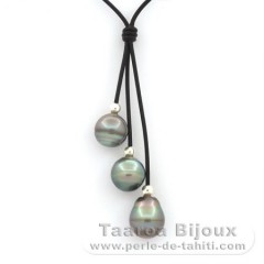 Collar de Cuero y 3 Perlas de Tahiti Anilladas B/C 12 a 11.5 mm