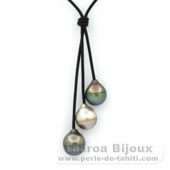 Collar de Cuero y 3 Perlas de Tahiti Anilladas C 11.5 a 11.9 mm