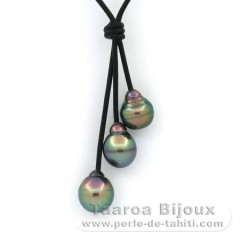 Collar de Cuero y 3 Perlas de Tahiti Anilladas B 10 a 10.5 mm