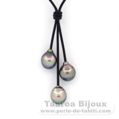 Collar de Cuero y 3 Perlas de Tahiti Anilladas BC 10.2 a 10.6 mm
