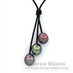 Collar de Cuero y 3 Perlas de Tahiti Semi-Barrocas B/C de 10.1 a 10.3 mm