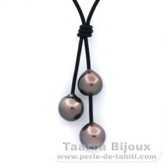 Collar de Cuero y 3 Perlas de Tahiti Semi-Barrocas B/C de 10 a 10.4 mm