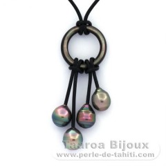 Collar de Cuero y 4 Perlas de Tahiti Anilladas BC 8.4 a 8.9 mm
