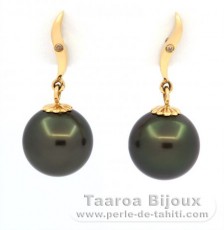 Aretes de Oro 18Kl + 2 diamantes y 2 Perlas de Tahiti Redondas B 10.2 mm