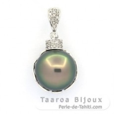 Colgante de Oro blanco 18k + 35 diamantes y 1 Perla de Tahiti Redonda B 13.9 mm