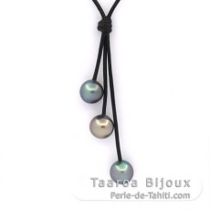 Collar de Cuero y 3 Perlas de Tahiti Semi-Redondas C 10.1 a 10.3 mm