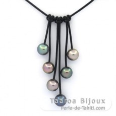 Collar de Cuero y 6 Perlas de Tahiti Rodonda C 10 a 10.4 mm
