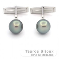 Mancuernas de Plata y 2 Perlas de Tahiti Redondas C 10.6 mm
