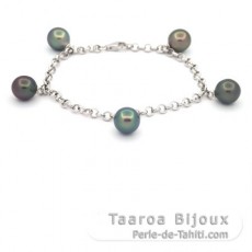 Pulsera de Plata y 5 Perlas de Tahiti Semi-Barrocas B 8.7 a 9 mm