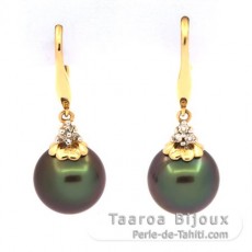 Aretes de Oro 14Kl + 6 diamantes y 2 Perlas de Tahiti Redondas B 9.5 mm