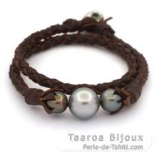 Pulsera de Cuero y 3 Perlas de Tahiti Rodonda C 9.5 a 13.4 mm