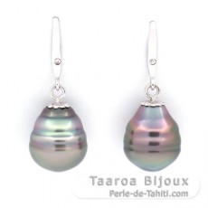 Aretes de Plata y 2 Perlas de Tahiti Anilladas B & C 10.5 mm