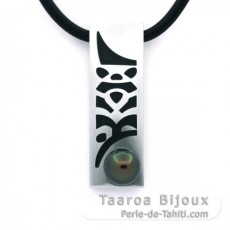 Colgante de Acero Inoxidable, Collar de Neopreno y 1 Perla de Tahiti Redonda C 9.9 mm