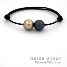 Pulsera de Cuero y 2 Perlas de Tahiti Semi-Barrocas C 11.6 mm