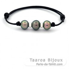 Pulsera de Cuero y 3 Perlas de Tahiti Semi-Barrocas C de 10.6 a 11.2 mm