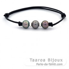 Pulsera de Cuero y 3 Perlas de Tahiti Semi-Barrocas C de 9.4 a 9.8 mm