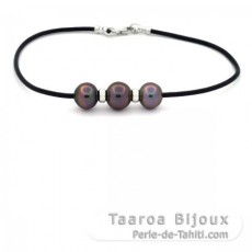 Pulsera de Goma, Plata y 3 Perlas de Tahiti Semi-Barrocas B de 9.5 a 10 mm