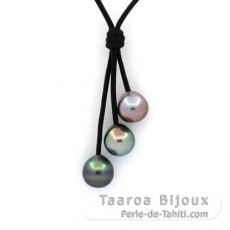 Collar de Cuero y 3 Perlas de Tahiti Semi-Barrocas C de 9.8 a 9.9 mm