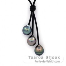 Collar de Cuero y 3 Perlas de Tahiti Anilladas C de 10.8 a 10.9 mm