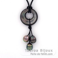 Collar de Cuero y 3 Perlas de Tahiti Anilladas B de 8.9 a 9.4 mm