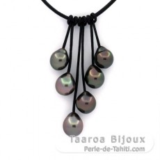 Collar de Cuero y 6 Perlas de Tahiti Semi-Barrocas B/C de 8.6 a 9.4 mm