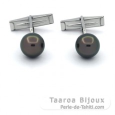 Gemelos en Plata y 2 Perlas de Tahiti Redondas C 10.5 mm