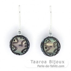 Aretes de Plata y 2 Perlas de Tahiti Grabadas 11.3 mm