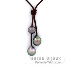 Collar de Cuero y 3 Perlas de Tahiti Anilladas C de 9 a 10 mm