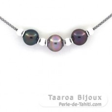 Collar de Plata y 3 Perlas de Tahiti Semi-Barrocas B/C de 10.1 a 10.6 mm